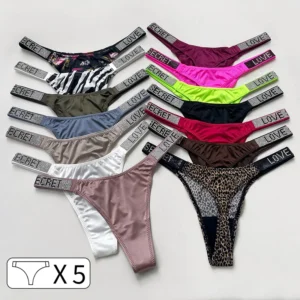 5Pcs Low Waist Sexy Panties Women Thongs Rhinestones Letter Diamonds G-string Sports Thong Shorts Briefs T-back Size S-XL 1