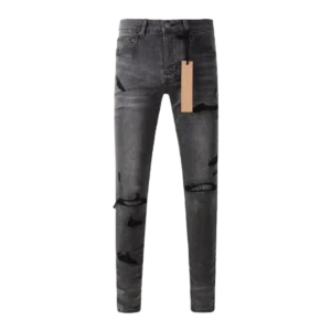 High-quality smoky grey ripped jeans with patchwork embroidery and washed craftsmanship, featuring a fashionable high street sty 1