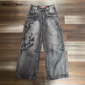 Mens Jeans Y2K Vintage Streetwear Black Gray Wide Leg Denim Pants Abstract Print Washed Distressed Loose Fit Dark Punk Fashion 1