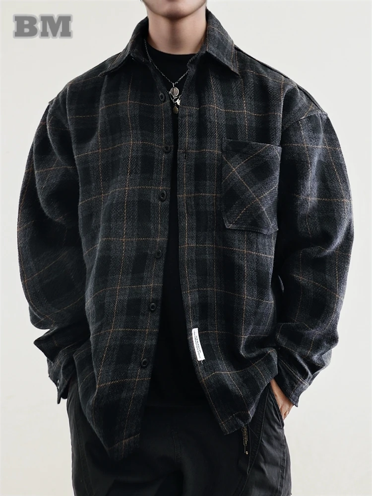 Mens Flannel Shirts American Vintage Streetwear Thick Plaid Oversized Cargo Long Sleeve Loose Fit Casual Workwear Autumn Winter 1