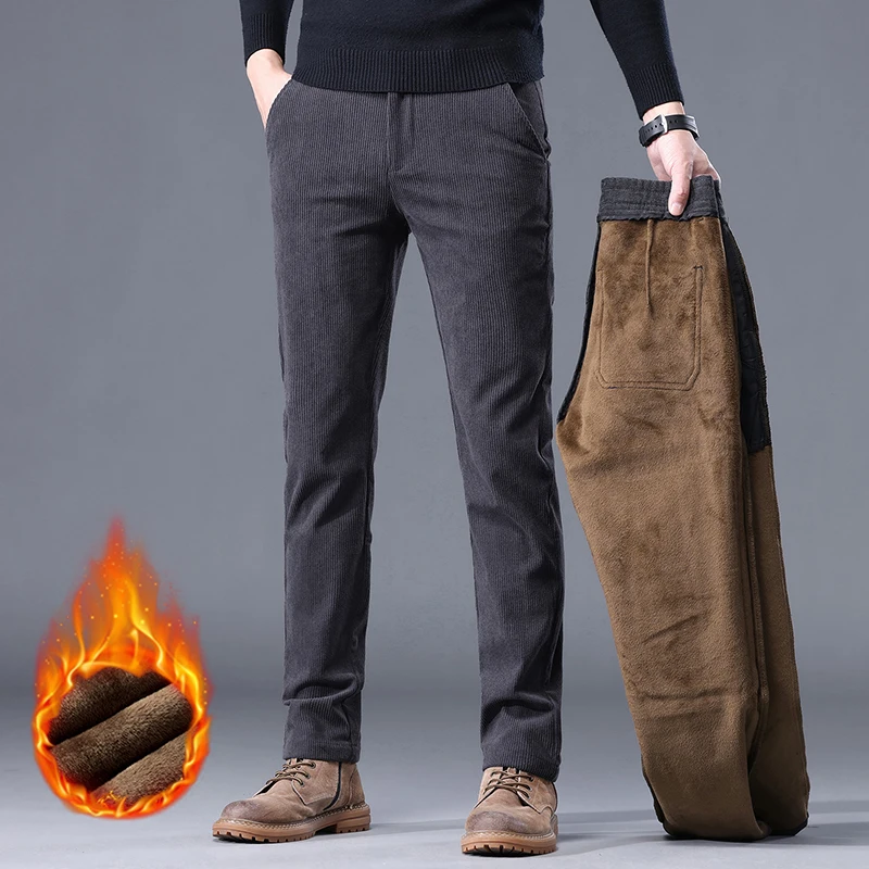 Khaki Black Gray Fleece Men's Corduroy Casual Pants Chenille Thick Stretch Business Trousers Mid-rise Brand Winter Thermal Pants 6