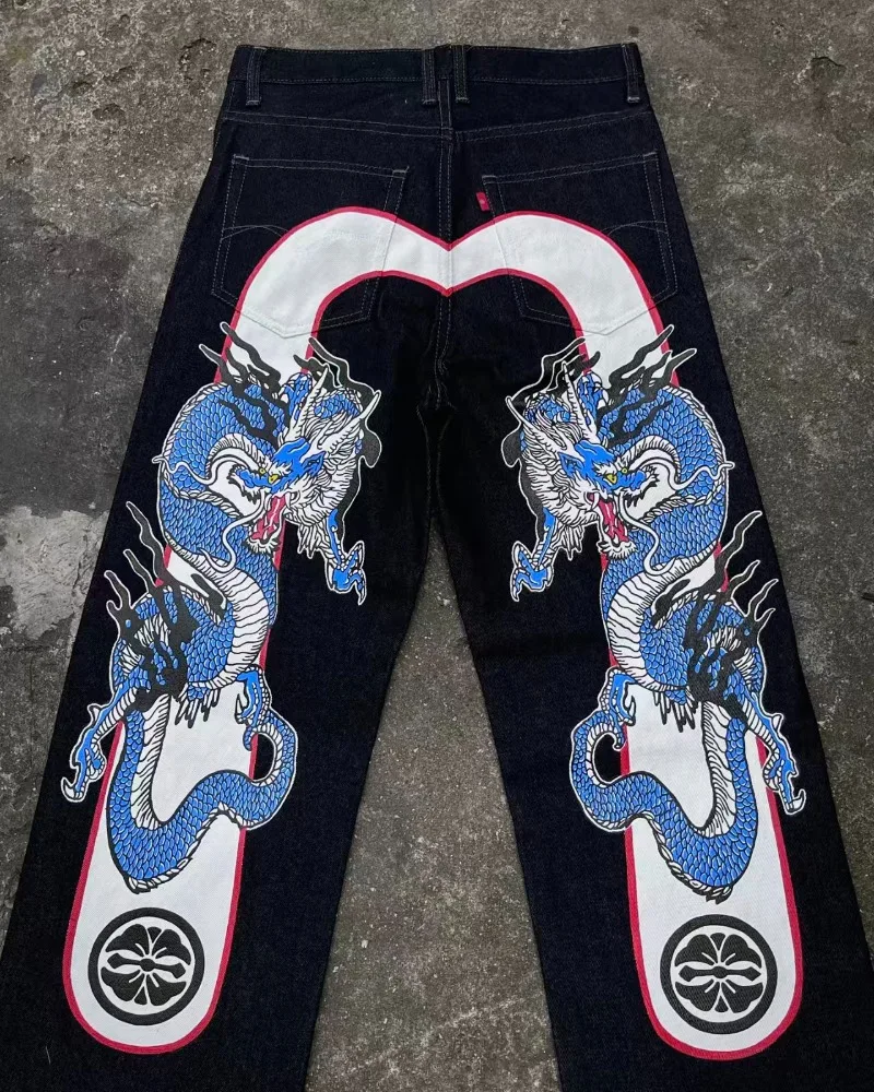 American high street dragon pattern casual retro high-waisted men jeans Y2K new punk hip-hop wide-leg jeans couple loose pants 3