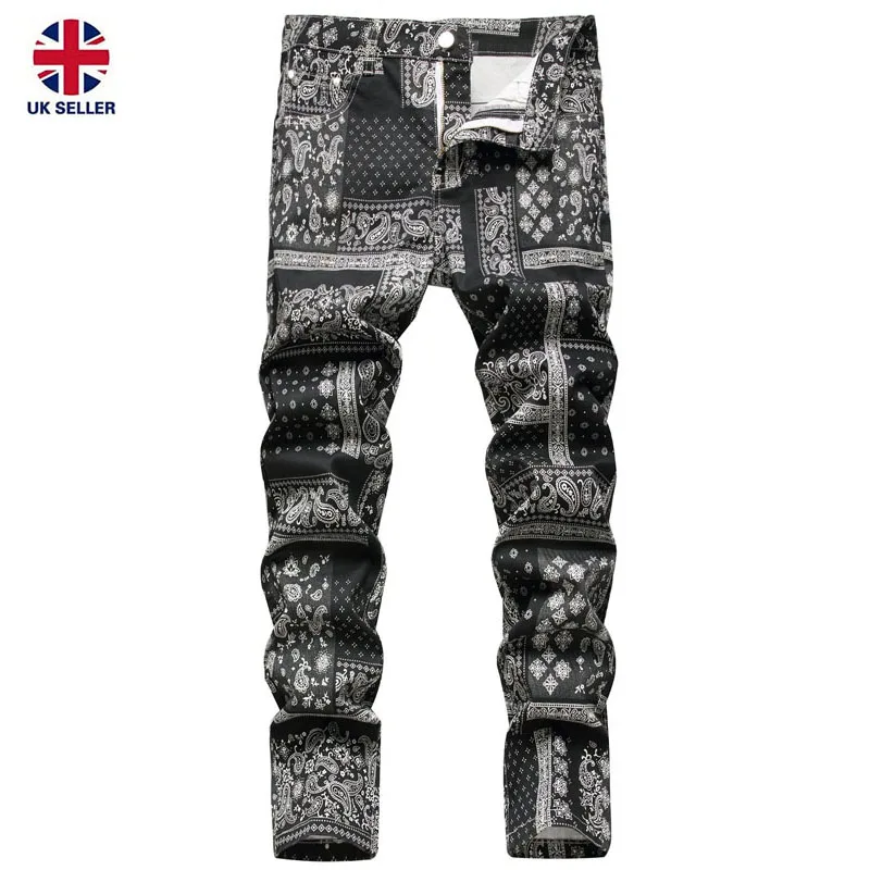 Christmas Casual Men's Jeans British Style Printed Stretch Denim Pants Slim Fit Straight Leg Jeans Xmas 1