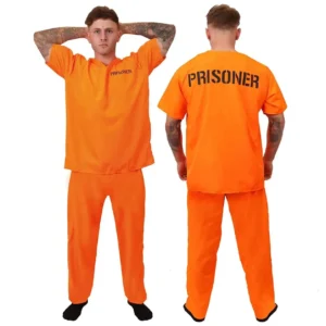 Mens Prisoners Convict Costume - Orange Prisoner Top, Matching Orange Trousers – Cops & Robbers Halloween Fancy Dress 1