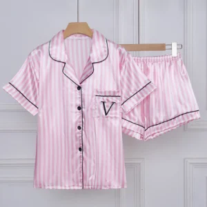Striped Embroidered Letter Pocket Short Sleeve and Shorts Pajama Set, Casual Satin Sleepwear with Lapel Collar and Button Detail 1