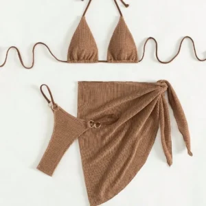 2025 Women Halter Push Up Bra Skirt 3 Piece Swimsuit Sexy Brown Bikini Set Summer Bathing Suit Cover Up Thong Swimwear Biquini 1