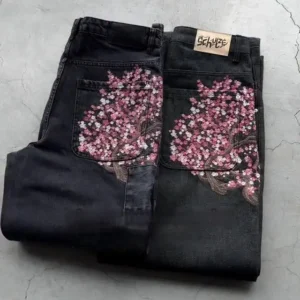 Derschutze Patchwork Cherry Blossom Embroidery Denim Pants Y2k Vintage Women Baggy Straight Wide Leg Jeans Street Men Clothes 1