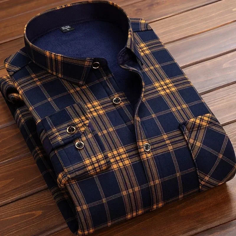 2025 Men's Winter Warm Long Sleeve Plaid Shirts Flannel Fur Lined Thick Formal Shirts Fleece Casual Shirt for Men Dress Shirts 2