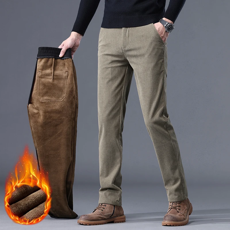 Khaki Black Gray Fleece Men's Corduroy Casual Pants Chenille Thick Stretch Business Trousers Mid-rise Brand Winter Thermal Pants 2