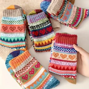 5 Pairs Women Socks Autumn Winter Thickened Warm Soft Comfortable Fashion Middle Socks Women Calf Socks Retro Ethnic Socks 1