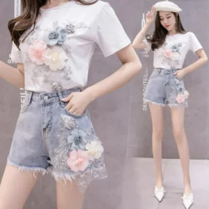 2 Piece Sets Woman Outfit Summer 3D Flower Embroidery Beaded Chic Short Sleeve T Shirt Korean Fashion High Waist Denim Shorts 1