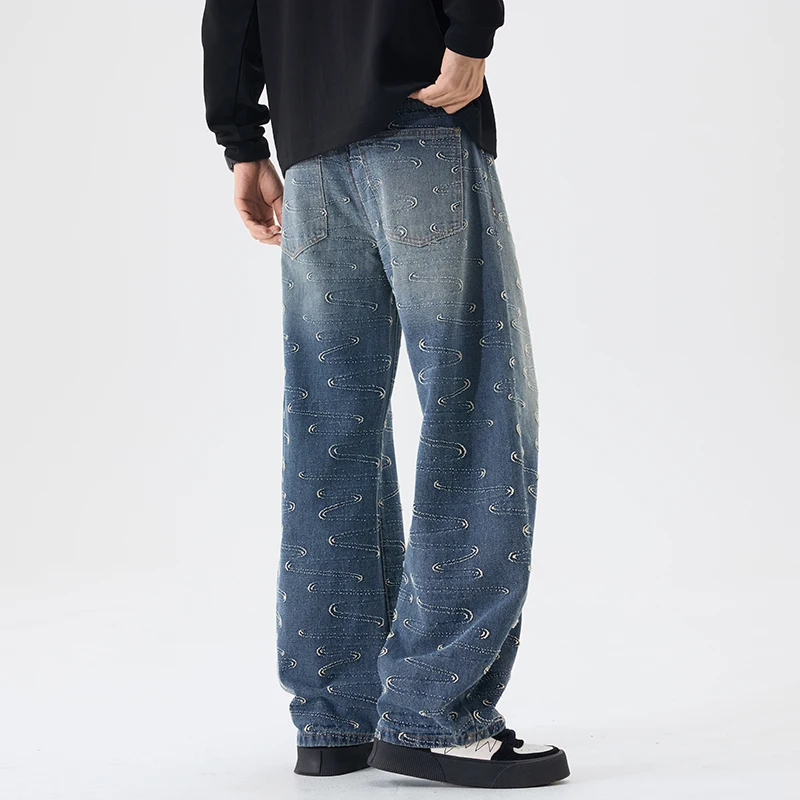 2025 Autumn New Vintage Washed Printed Cotton Wide Leg Jeans for Men Clothing Loose Male Trousers AG7323 2