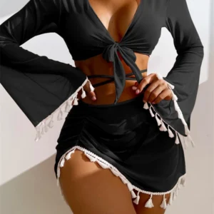 Sexy 4 Pieces Halter Bikinis Women Solid Swimwear Female Cover Up Swimsuit Long Sleeve And Skirt Bathing Suit Beachwear Summer 1