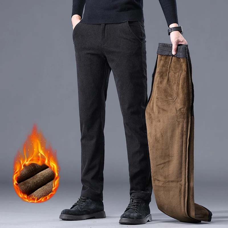Khaki Black Gray Fleece Men's Corduroy Casual Pants Chenille Thick Stretch Business Trousers Mid-rise Brand Winter Thermal Pants 4