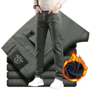 Winter New 2025 Fleece Pants Men's Thick Slim Elastic Business Casual Velvet Pants Warm Fashion Solid Color Plush Trousers Male 1