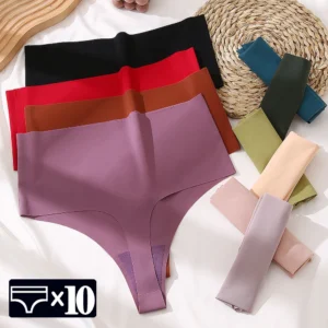 WarmSteps 10Pcs/Set High Waist Women's Thongs Panties Sexy Seamless Ice Silk Female Underwear Solid G-String Lingerie for Woman 1