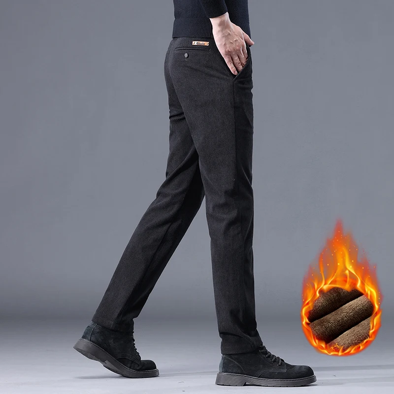 Khaki Black Gray Fleece Men's Corduroy Casual Pants Chenille Thick Stretch Business Trousers Mid-rise Brand Winter Thermal Pants 5
