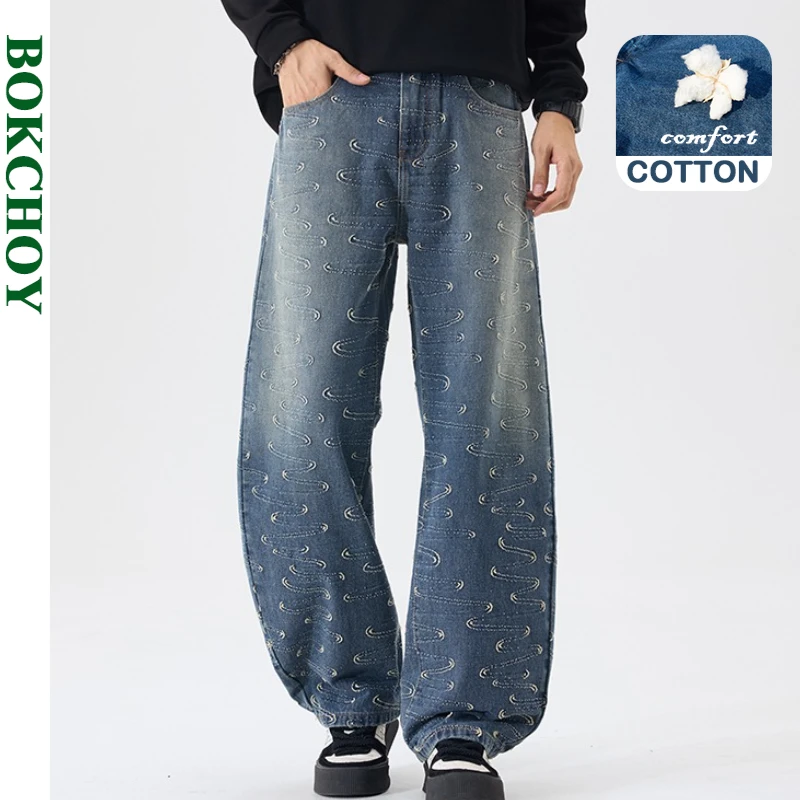 2025 Autumn New Vintage Washed Printed Cotton Wide Leg Jeans for Men Clothing Loose Male Trousers AG7323 1