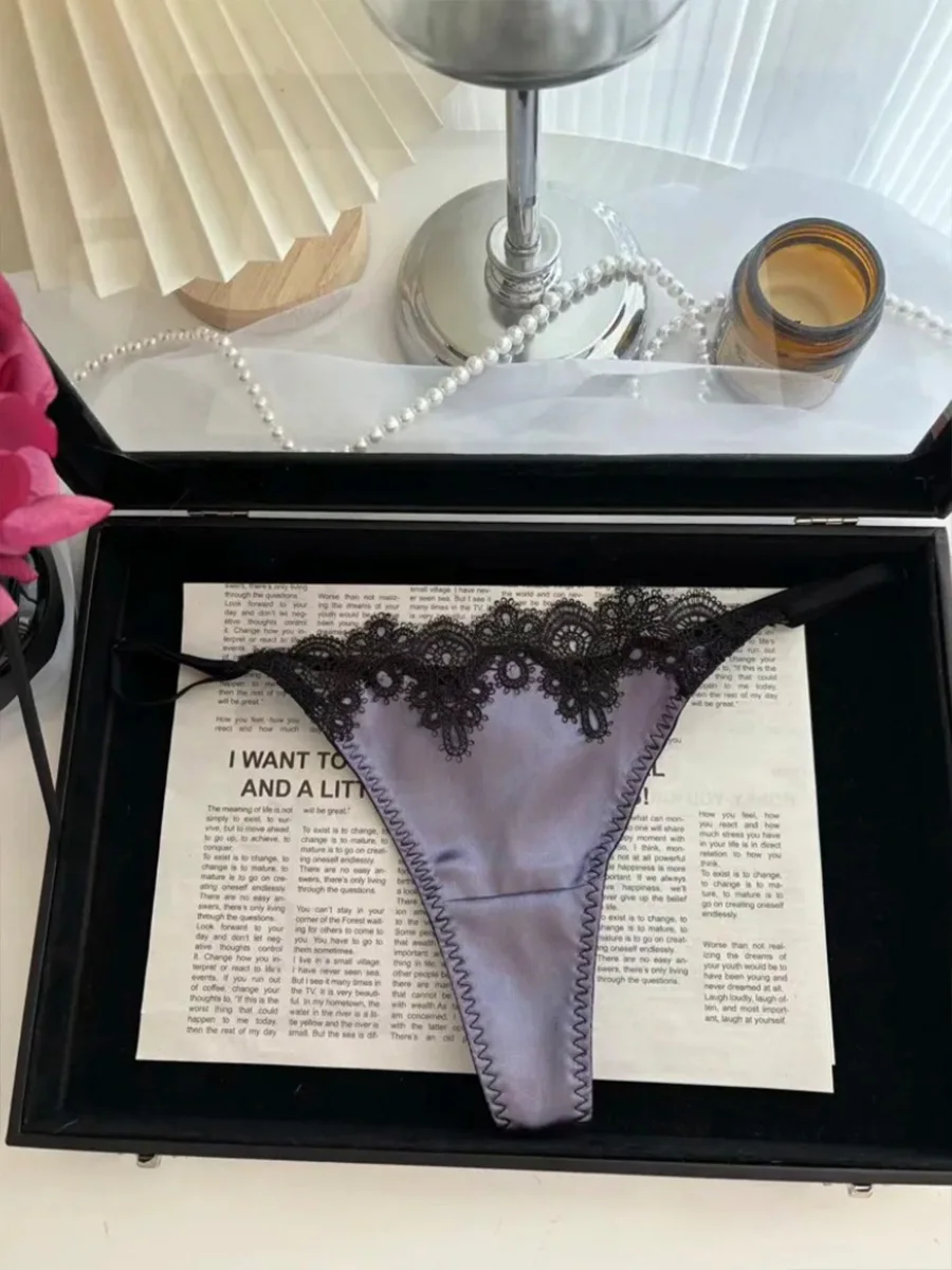 Sensual Lace Satin Women's Thong Underwear Ultra-Thin Pure Desire Fire T-Panties Low Waist Faionable Youth Sle 4