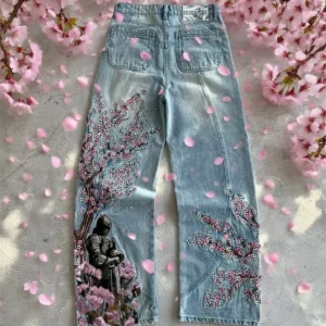 Vintage Cherry Blossom Black Knight Embroidery Jeans Y2k Retro Baggy Straight Denim Pants Blue Wash Jean Men Clothing Streetwear 1