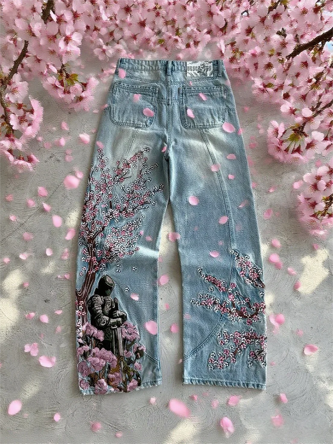 Vintage Cherry Blossom Black Knight Embroidery Jeans Y2k Retro Baggy Straight Denim Pants Blue Wash Jean Men Clothing Streetwear 1