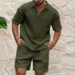 2024European and American Men's Spring and Summer Trends Youth Outdoor Lapel Small Plaid Short Sleeve Shorts Sports Suit 1