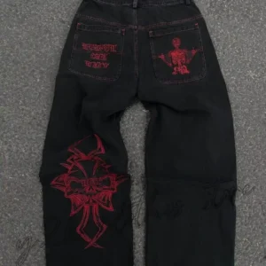 Vintage Jeans Y2K Clothes Men Women Gothic Hip Hop Pocket Embroidery Retro Blue Baggy Jeans High Waist Slim Fit Flare Trousers 1