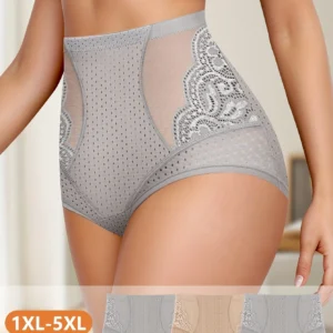 3pcs High-Waisted Tummy Control Panties for Women plus Size Breathable Mele Mesh Lace Trim Soft Stretchy Summer Underwear 1