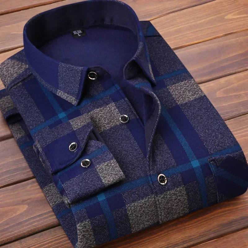 2025 Men's Winter Warm Long Sleeve Plaid Shirts Flannel Fur Lined Thick Formal Shirts Fleece Casual Shirt for Men Dress Shirts 6