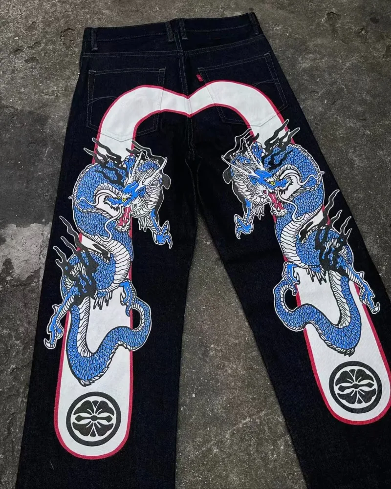 American high street dragon pattern casual retro high-waisted men jeans Y2K new punk hip-hop wide-leg jeans couple loose pants 2