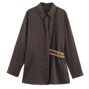  TFMLN Vintage Stripe Shirts For Women Loose Casual Buckle Decoration Blouse 2026 New Female Turn Down Collar Chic Shirt Tops 1