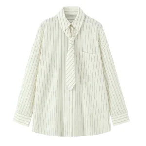 2025 autumn new women's casual fashion temperament loose versatile striped tie lapel long-sleeved shirt top 1