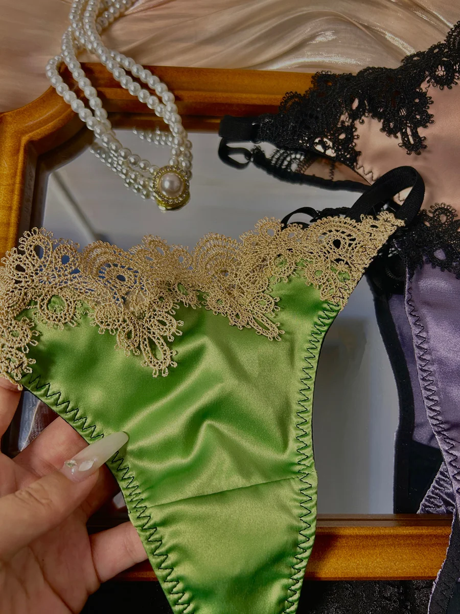 Sensual Lace Satin Women's Thong Underwear Ultra-Thin Pure Desire Fire T-Panties Low Waist Faionable Youth Sle 2