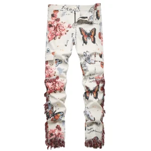 Christmas Pants Xmas Printed Jeans Festival Casual Men's Jeans British Style Stretch Denim Pants Slim Fit Straight Leg Jeans 1