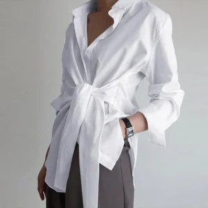 Slim Button White Shirt Women Fashion Tops Office Lady Shirt Loose Long Sleeve Blouse Female Ruched Lace Up Solid Blouse 18659 1