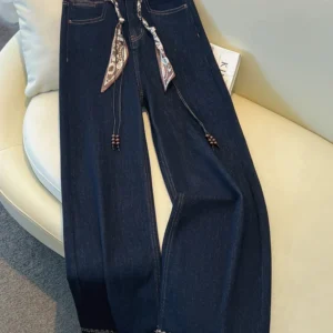 2025 Autumn New Denim Blue Wide Leg Women's Jeans Super Popular Pants with Silk Scarf Belt Fashion Straight Trousers 1