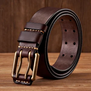 3.8cm Wide Vintage Men's Belt Cowhide Genuine Leather Belt Copper Double Needle Buckle Handmade Jeans Belt Fashion Male Strap 1