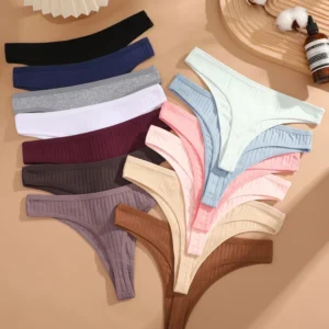 12pcs/Set Cotton Ribbed Striped Underwear for Women Sexy Breathable Solid Thongs Girls Low-Waist G-string Stretchy Soft Panties 1