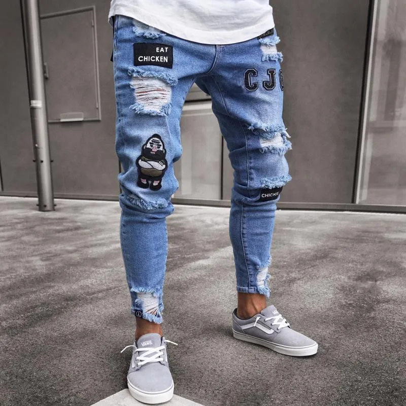 High-Quality Men's Embroidered Skinny Jeans, Ripped Jeans Stretch Slim Fit White Denim Pants Christmas Gift Xmas 5