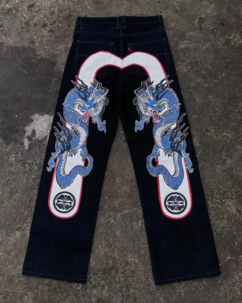 American high street dragon pattern casual retro high-waisted men jeans Y2K new punk hip-hop wide-leg jeans couple loose pants 4