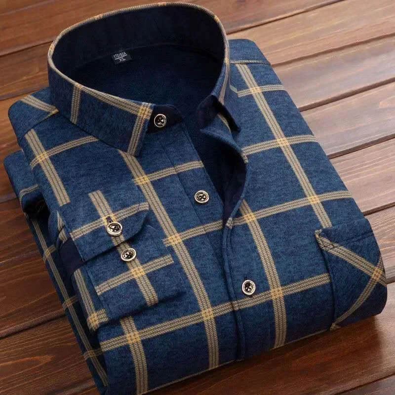 2025 Men's Winter Warm Long Sleeve Plaid Shirts Flannel Fur Lined Thick Formal Shirts Fleece Casual Shirt for Men Dress Shirts 3