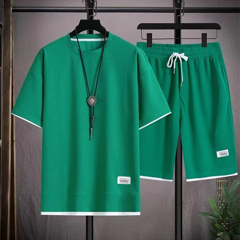 NEW Summer Men's Sports Set Casual Short-sleeve T-Shirt + Shorts Set Waffle comfortable round collar Tracksuit Loose men Suits 5