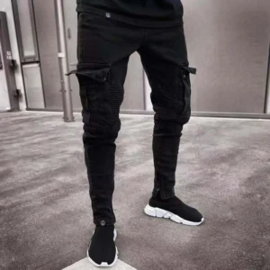 High-Quality Men's Black Cargo Jeans, Elastic Slim Fit Long Multi-pocket Cargo Denim Pants, Perfect Christmas Gift 1