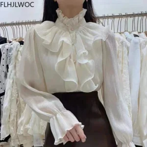 2022 Spring Autumn Basic Shirts Blouses Women Fashion Long Sleeve Elegant Office Lady Work Solid White Ruffled Chic Tops Blusas 1