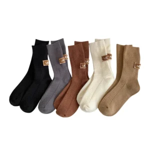 2 Pairs Cashmere Socks Winter Women Warm Wool Thickened Mid-Tube Trendy Heel Furry Label Letter Solid Color Snow Boot Socks New 1