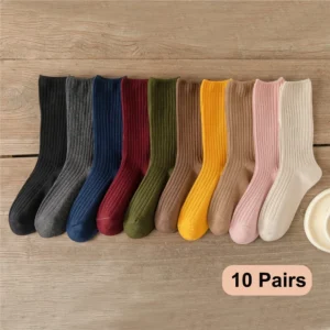 10Pairs Retro Women Cotton Loose Socks Autumn Winter Knitting Solid Color Long Black Korean Japanese Student Girls 1
