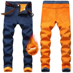 Christmas Gift Mens Fleece-Lined Jeans, Winter Warm Pants Elastic Stretch Straight Leg Denim Pants For Outdoor Casual 1