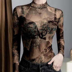 Sexy Stand Collar Long Sleeve Tops Women Ink Print Sheer Mesh Blouse 2025 Autumn Gothic Basic Chic Shirt for Women 1