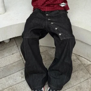 Korean High Street Buckle Curved Jeans Autumn Men'S Loose Straight Leg Pants Black Wide Leg Pants Casual Pants Hip-Hop Pants 1