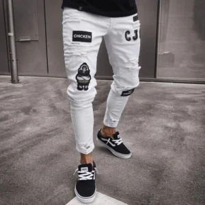 High-Quality Men's Embroidered Skinny Jeans, Ripped Jeans Stretch Slim Fit White Denim Pants Christmas Gift Xmas 1